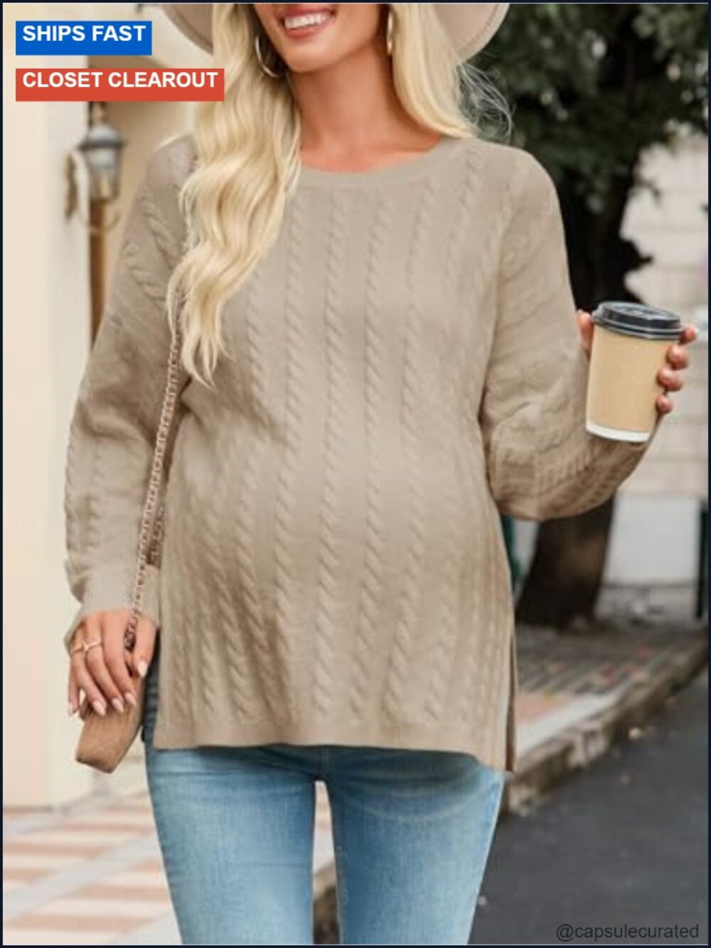 Maternity Cable Knit Sweater Loose Fit Crewneck Long Sleeve Side Slit Fall - Picture 4 of 6